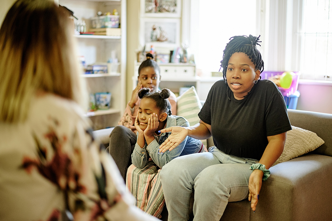 Stress, therapy and mother with children in counseling session, consulting and help for parenting. Psychology, black family and upset mom talking to therapist with problem, divorce and frustrated