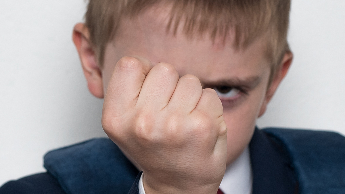 Schoolboy threatens with his fist. Boy in school uniform. White background. Brawler Schoolboy threatens with his fist. Boy in school uniform. White background. Brawler
